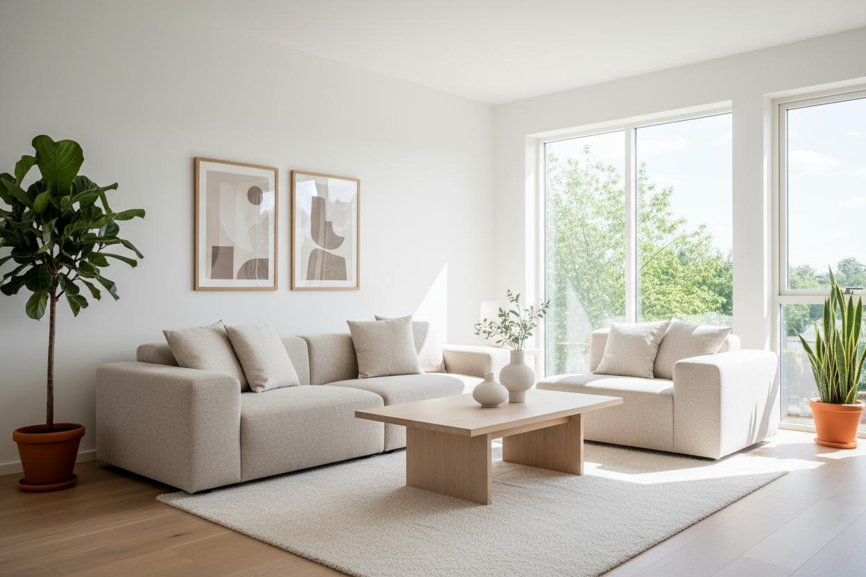 A bright modern minimalist living room with a clean aesthetic. Neutral beige and white palette, low-profile sofa, light wood coffee table, soft textured rug, large windows with natural sunlight, indoor plants, simple wall art, Scandinavian styling — cozy, airy, elegant — high-resolution interior photography.