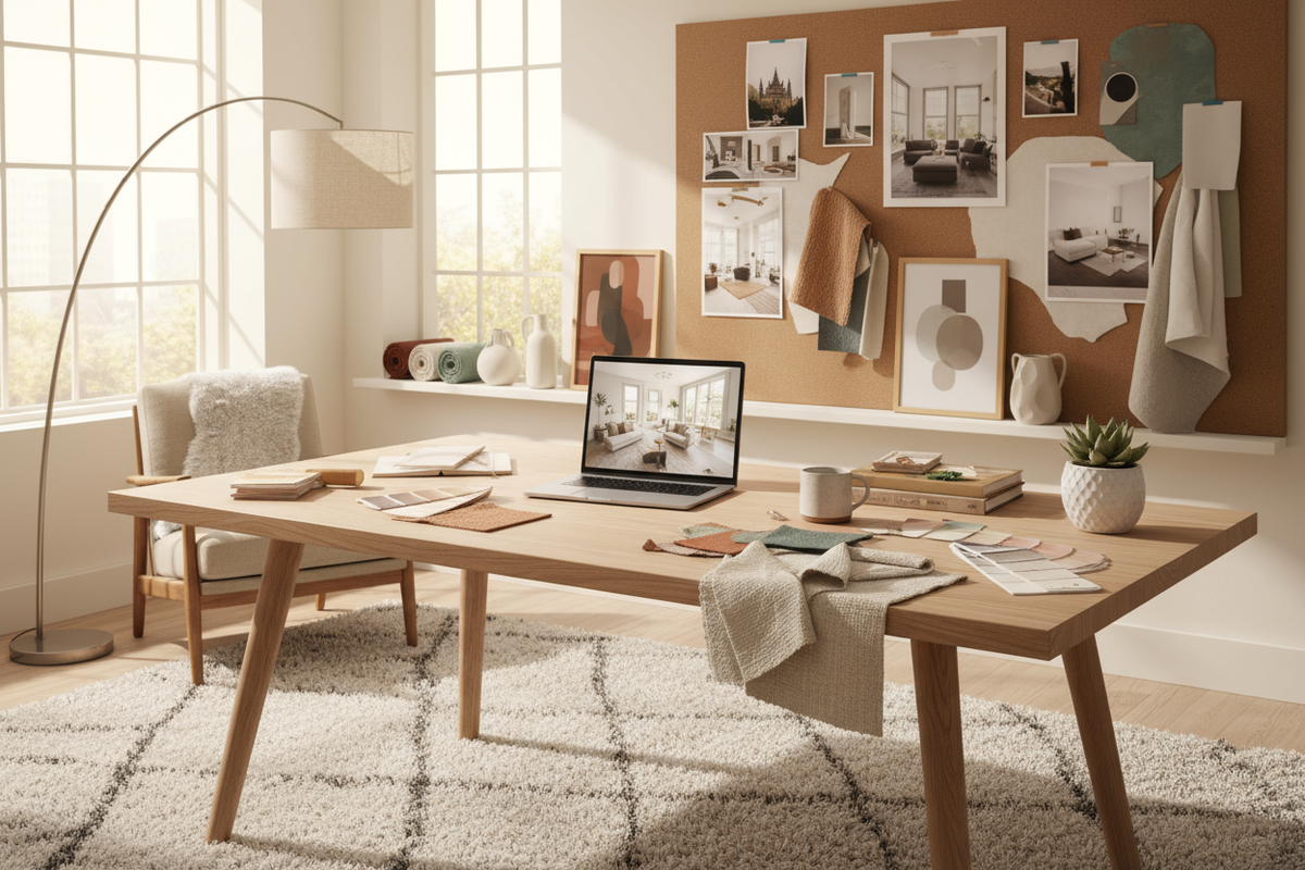 A warm, modern interior design workspace scene: mood boards pinned on the wall, fabric swatches, color palettes, a laptop displaying room styling concepts, wooden desk, cozy décor objects, neutral earthy tones, Scandinavian furniture, soft natural lighting — clean, creative, welcoming aesthetic.